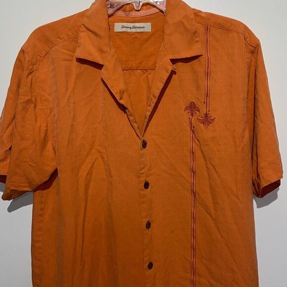 Tommy Bahama Men's Orange Textured 100% Silk Short Sleeve Button Up Shirt Medium - Picture 3 of 12